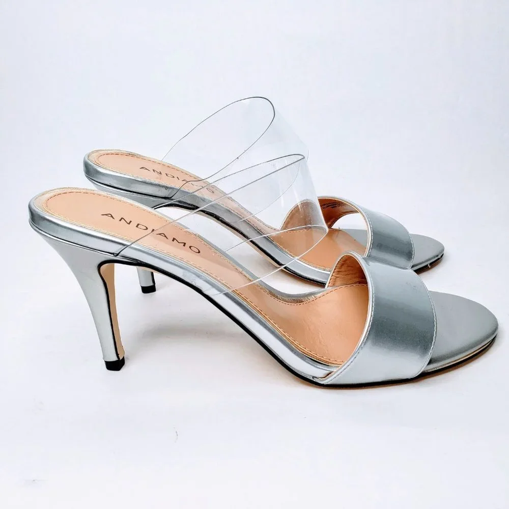 Andiamo Double Trouble Metallic Silver Clear Strap Heels Slip On Stiletto 8.5